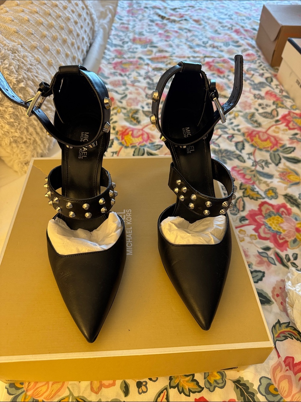 Michael Kors Black Pointed Studded Ankle-Strap Pumps